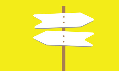 A wooden signpost with four blank directional arrows pointing in different directions on a solid yellow background