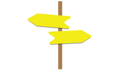 A wooden signpost with four blank directional arrows pointing in different directions on a solid yellow background
