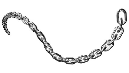 A shiny metallic chain curves elegantly against a dark backdrop, showcasing industrial strength with its interlocking links and silvery gleam, transparent background