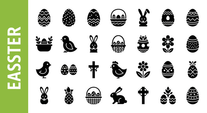 A collection of 25 Easter -related editable Black Silhouette Icon.