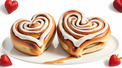 Freshly baked heart-shaped cinnamon rolls with golden swirls and glossy glaze, capturing the warmth on white background