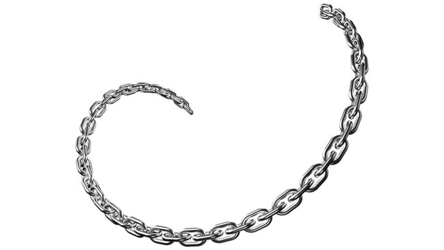 Silver chain gracefully spirals on a transparent background, a striking metallic detail suitable for design projects.