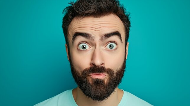 A man showing confusion on a bold cyan background, raised eyebrows, pursed lips, lifelike detail in beard and eyes