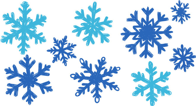 crayon drawn collection of snowflakes on white background, naive childlike style &mdash; graphic element for stylish winter Christmas design SVG