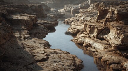 A dried Martian riverbed crafted from shattered mirrors reflecting the absence of water