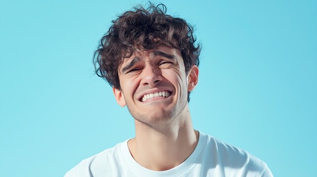A man showing embarrassment on a light sky blue background, awkward smile, visible sweat detail, expressive realism