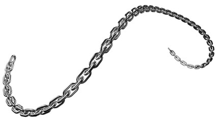 A shining silver chain curves gracefully on a black backdrop, perfect for adding a touch of modern industrial style and strength to any design, transparent background