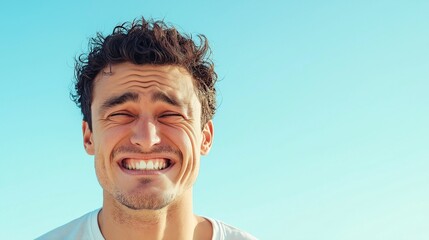 A man showing embarrassment on a light sky blue background, awkward smile, visible sweat detail, expressive realism