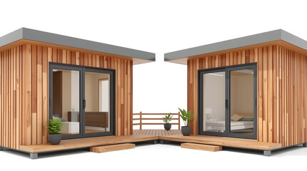 Two modern tiny houses with wooden siding and decks on white background