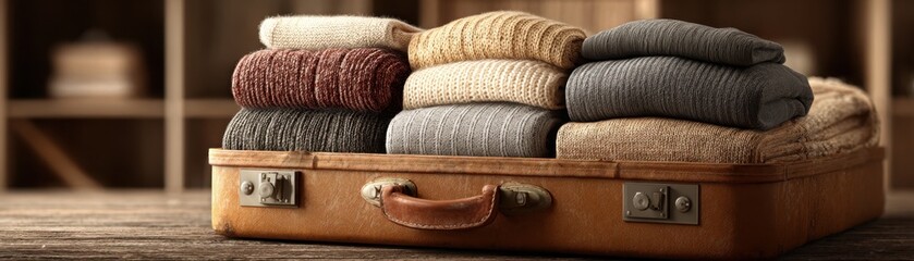 Vintage suitcase on a wooden surface with neatly folded knit sweaters stacked on top, showcasing cozy autumn or winter textures and warm neutral colors.