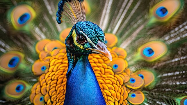 Vibrant peacock with fully spread colorful feathers | stock photo, exotic bird, nature beauty, wildlife - Powered by Adobe