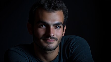 Fototapeta premium A man smirking slightly on a charcoal black background, soft directional light, authentic mood, detailed close-up