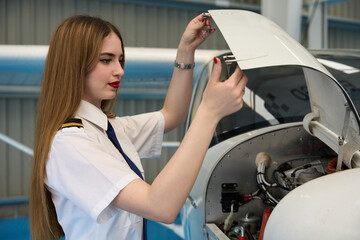 Aircraft mechanic inspecting engine cowling in hangar
