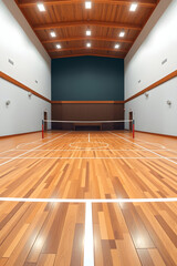 Empty gymnasium with badminton net and wooden floor ready for sports activities