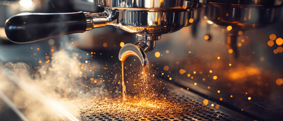 Espresso machine brews rich shot with sparks and steam in rustic bar at night
