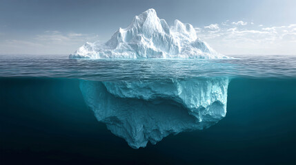 Iceberg floating in serene ocean with massive underwater structure captured in hyperrealistic style