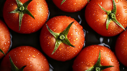 Fresh tomatoes glistening with water droplets on dark background in exquisite macro detail
