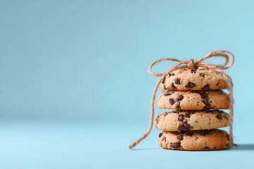 Stack of chocolate chip cookies tied with rope on blue background.  Delicious cookies stacked and tied with rustic string, styled for food marketing or packaging design