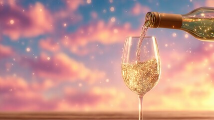 Banner of Pouring a Glass of White Wine A sparkling wine being poured into a glass with a dreamy sunset background.