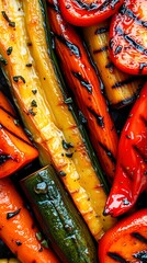 Fototapeta premium Roasted vegetables, showcasing vibrant carrots, zucchini, and bell peppers, with grill marks adding a touch of char.