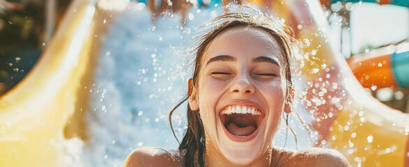 Joyful splash on summer water slide brings pure happiness and excitement at the water park