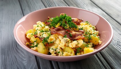 Potato sald with fresh herbs , scrambled eggs and bacon in a pale pink ceramic bowl on gray wooden table. Generated image