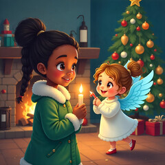 A delightful cartoon Christmas card illustration: an Asian girl with black hair in a pink parka holding a flickering candle, beside a gentle angel with white feathered wings, set in a snowy forest sce