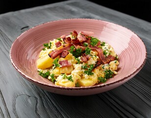 Potato sald with fresh herbs , scrambled eggs and bacon in a pale pink ceramic bowl on gray wooden table. Generated image