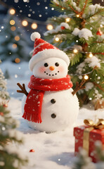 Obraz premium Adorable Christmas Snowman: Cute Winter Character with Red Hat and Scarf Amidst Falling Snow and Twinkling Lights, Beside a Gift and Festive Pine Trees