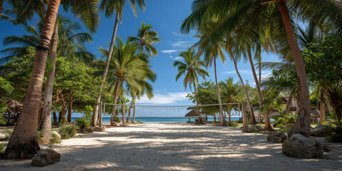 Sandy volleyball court on tropical beach is surrounded by lush palm trees under clear blue sky, creating serene and inviting atmosphere