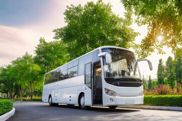 Modern tourist bus ready for guests in serene park setting by hotel or resort