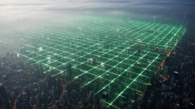 Aerial View of Cityscape with Green Grid Overlay and Data Transmission Beams