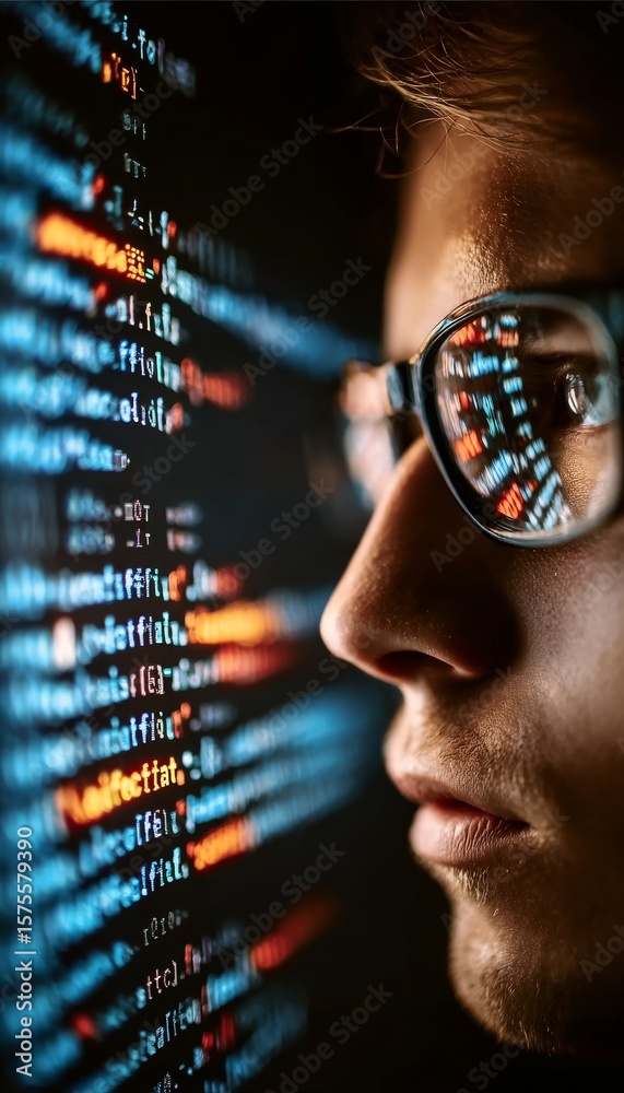 Poster cybersecurity expert analyzing complex code on computer screen with futuristic digital graphics