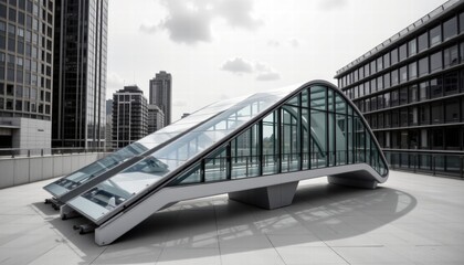 Modern architectural structure with curved glass design located on a rooftop in an urban environment showcasing contemporary style and innovation