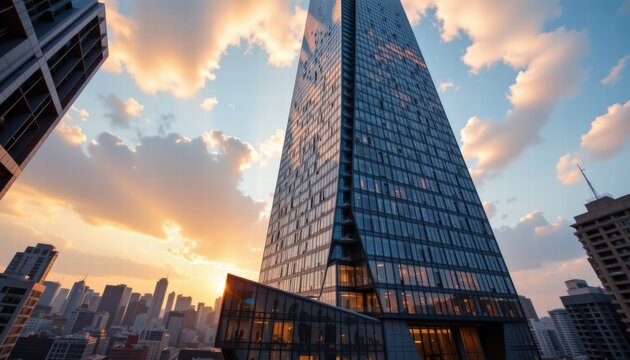 Modern skyscraper against colorful sunset sky with dramatic clouds in urban city landscape showcasing architectural design and metropolitan allure
