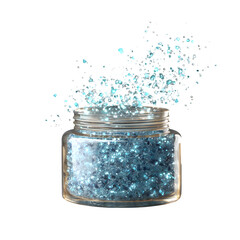 Glass Jar Filled with Sparkling Blue Crystals Bursting into Air Isolated on Transparent Background

