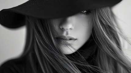Long hair tucked under hat, breeze in fabric, clean background