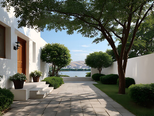 Luxury villa architecture with palm trees in a tropical garden resort