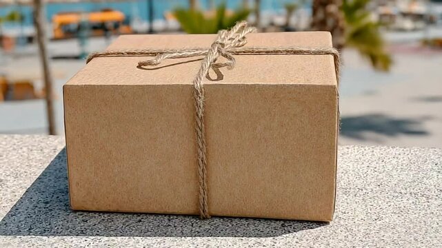 Close Up Shot Of A Brown Gift Box Tied With Natural Rope On A Textured Surface Outdoors