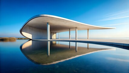 Modern Architectural Pavilion with Curved Roof Over Reflective Water Surface and Blue Sky – Contemporary Design and Tranquil Environment Concept
