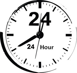 Vector art of a clock displaying 24 hours isolated on white background, symbolizing roundtheclock service and availability