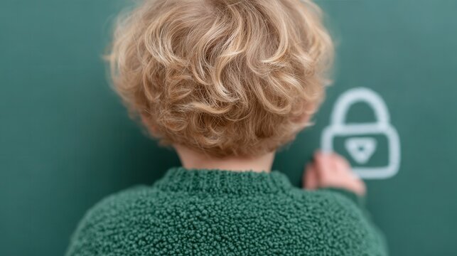 Young child drawing a padlock on a green chalkboard in a cozy indoor environment during a creative playtime. National Child Identity Theft Awareness Day - Powered by Adobe