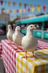 Colorful Chicken Boy Day picnic with vibrant checkered tablecloths and cheerful decorations in bright natural lighting. Chicken Boy Day