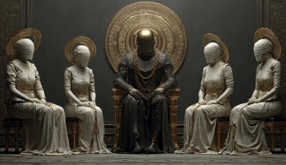 The anunaki with the children of god in chains in a dark sinister setting. group of deities from ancient Mesopotamian mythology, primarily known from Sumerian, Akkadian, Assyrian. Depicted as gods.
