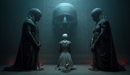 The anunaki with the children of god in chains in a dark sinister setting. group of deities from ancient Mesopotamian mythology, primarily known from Sumerian, Akkadian, Assyrian. Depicted as gods.