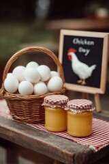 Farmers market stall for Chicken Boy Day showcasing eggs and honey in a rustic setting. Chicken Boy Day