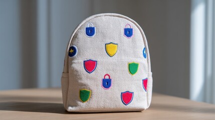 Vibrant minimalist backpack with colorful shield designs displayed on a wooden table in bright natural light. National Child Identity Theft Awareness Day
