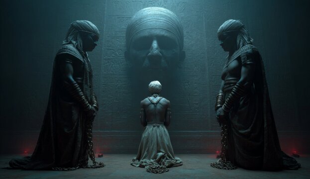 The anunaki with the children of god in chains in a dark sinister setting. group of deities from ancient Mesopotamian mythology, primarily known from Sumerian, Akkadian, Assyrian. Depicted as gods.