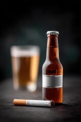 Broken cigarette and crushed beer bottle tell a story of indulgence and regret in a dimly lit setting. National Sober Day
