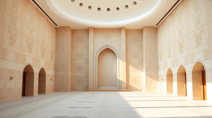 Sunlight illuminating empty prayer hall of modern mosque
